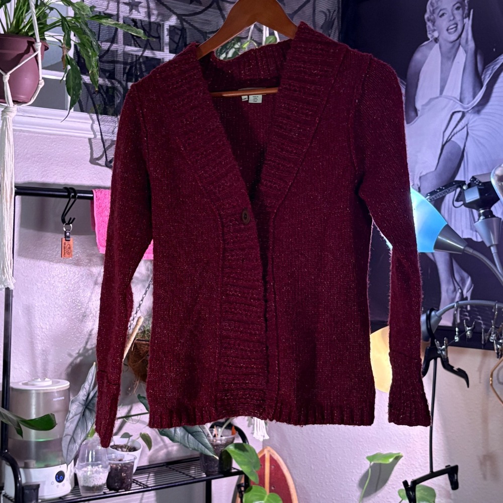 Chunky Knit Sparkle Cardigan Burgundy Button Front Shawl Collar Sweater
